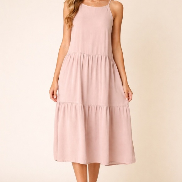 HYFVE Dresses & Skirts - HYFVE Tan Tiered Midi Dress Size Large Flowy Halter Neck Neutral Boho